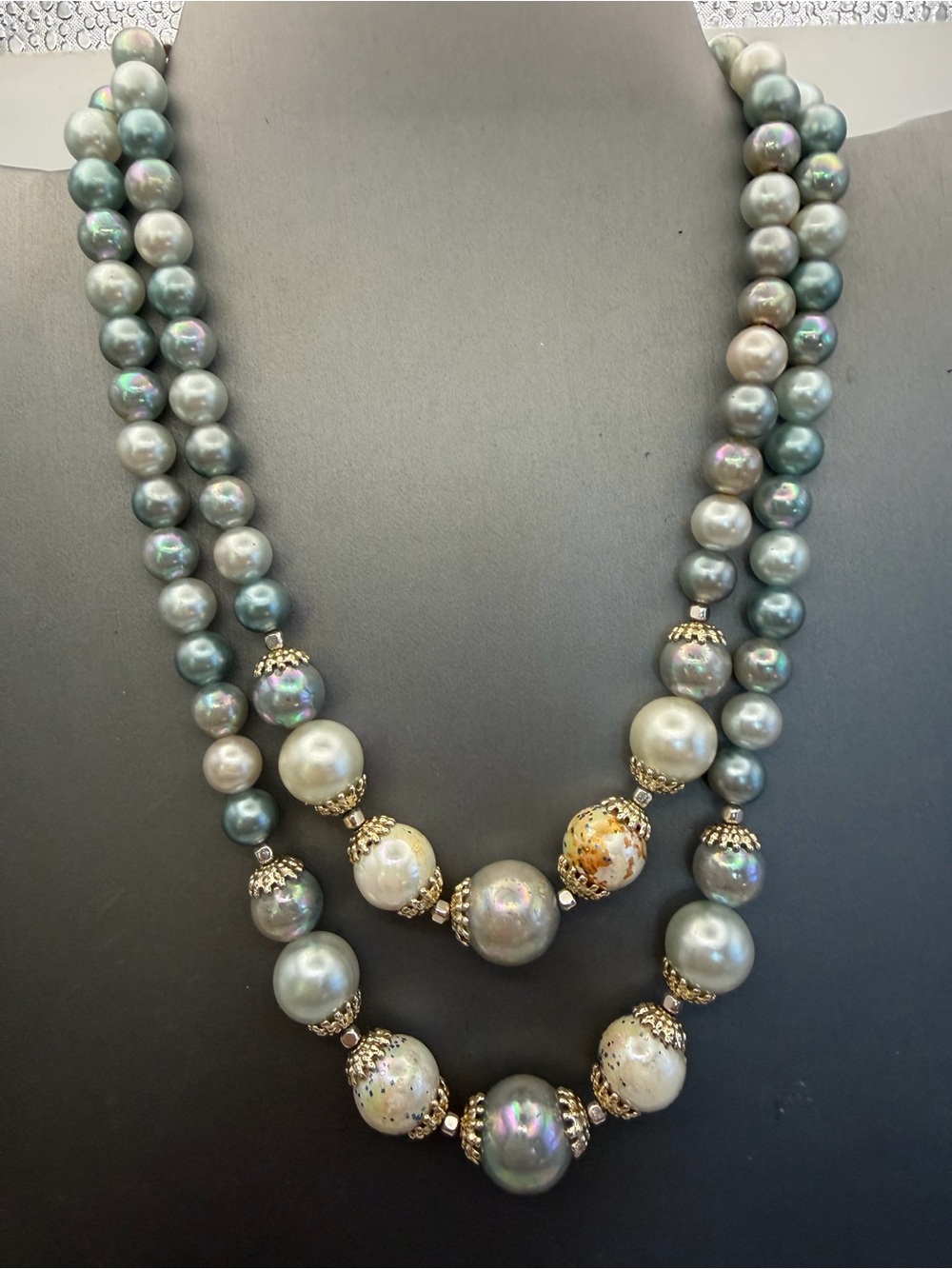 Vintage Japan Blue Gray Glass Faux Pearl Double Strand Necklace Confetti Beads